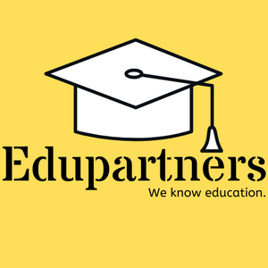 A white motar hat set on a yellow background saying Edupartners We know education.